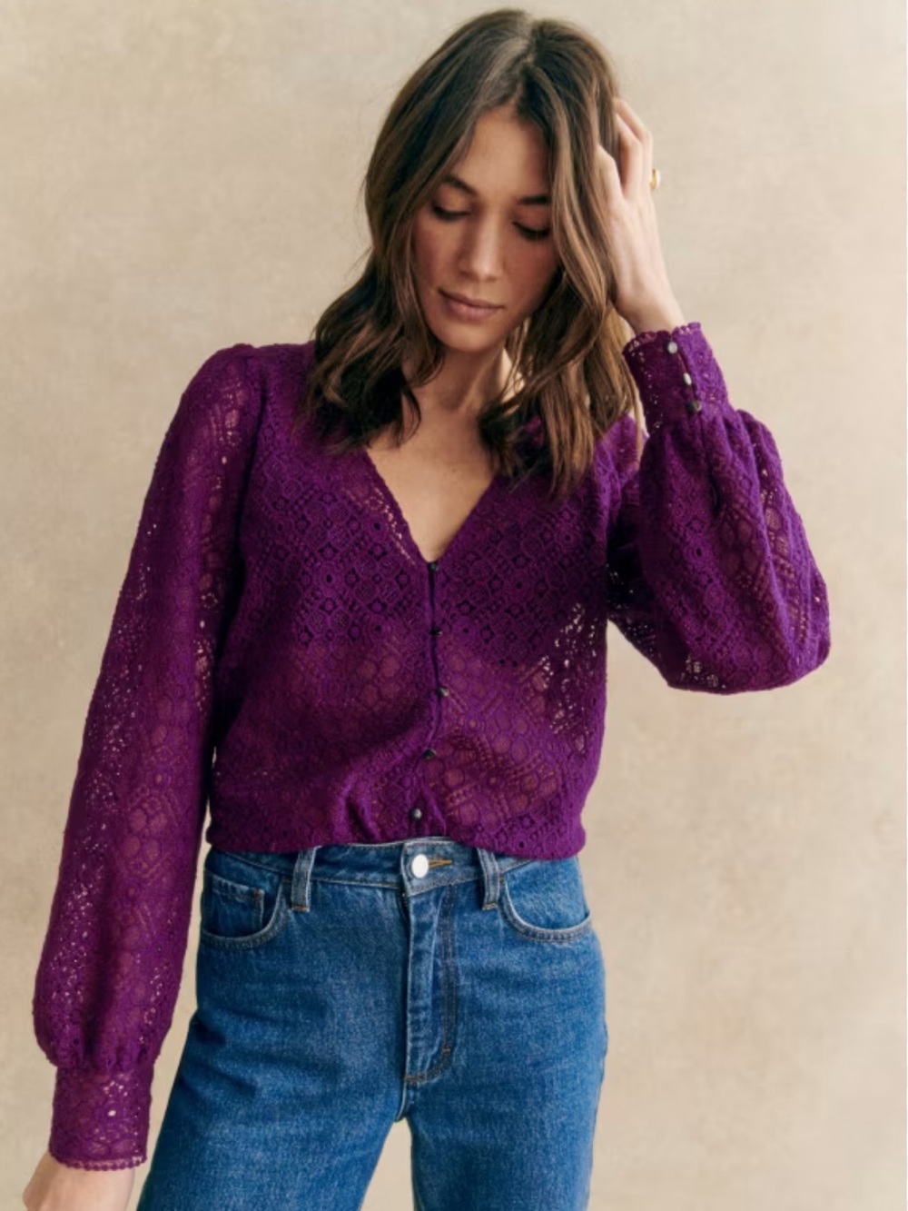 Sezane Gaya Blouse Size 38 M 6 US Purple Lace Button Cotton Blend